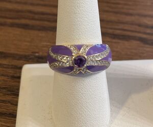 Vintage Silvio Hildago Sterling Silver Vermeil Purple Enamel CZ Ring Size 8.5-9